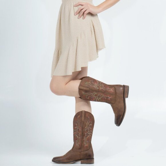 ⚡Women's Brown Square Toe Cowgirl Cowboy Boots Mid Calf With Chunky Heel - Picture 4 of 9